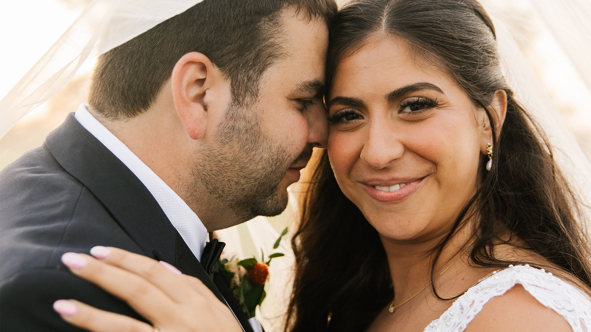 A closeup of the happy couple on their wedding day.