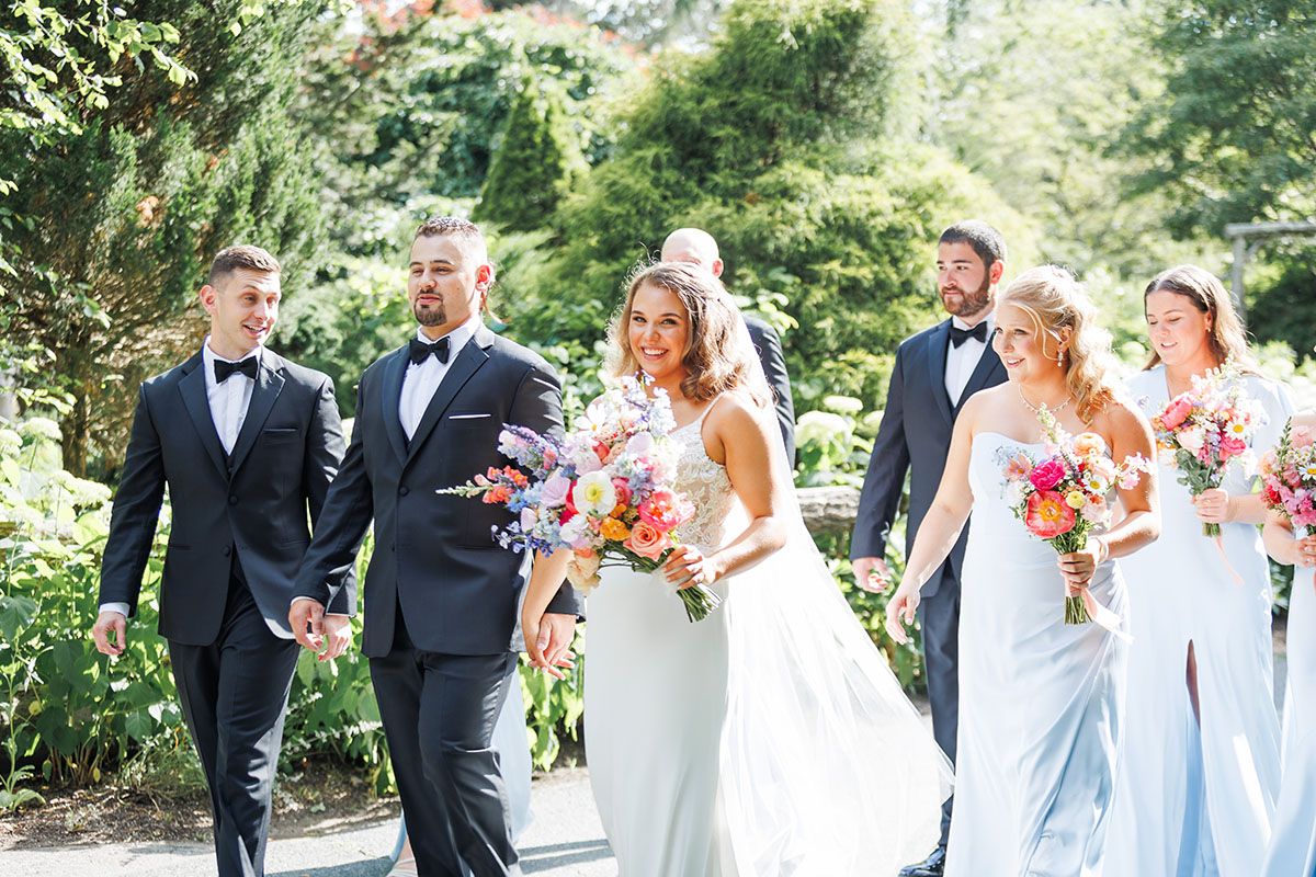 A wedding couple at the he Garden at Elms in Wellesley, MA
