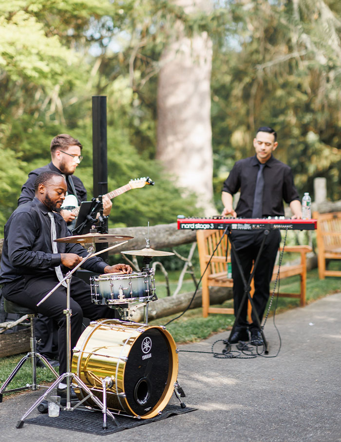 Boston Premier jazz trio performing a cocktail hour set in the garden